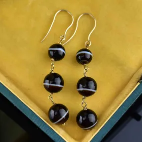 14K Gold Banded Agate Ball Drop Earrings