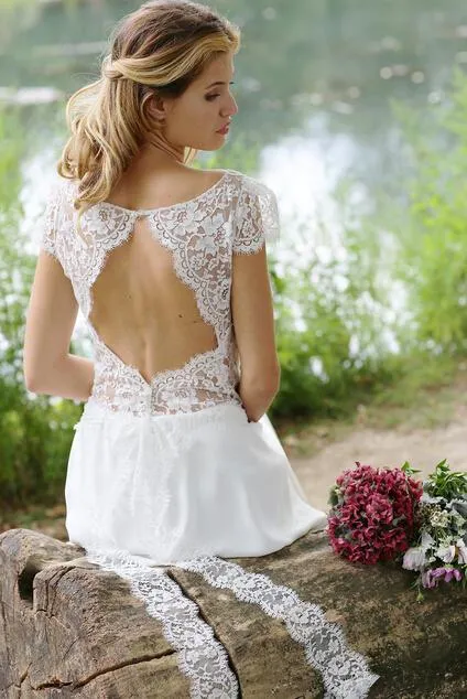 A Line Chiffon White Lace Appliques Cap Sleeve Open Back Scoop Long Wedding Dresses JS24