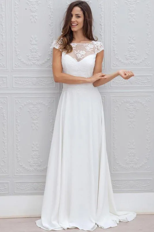 A Line Chiffon White Lace Appliques Cap Sleeve Open Back Scoop Long Wedding Dresses JS24