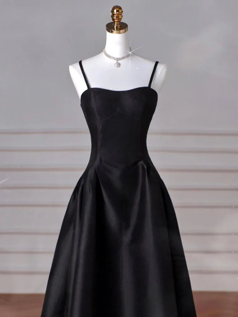 A-Line Satin Black Long Prom Dress, Black Long Evening Dress