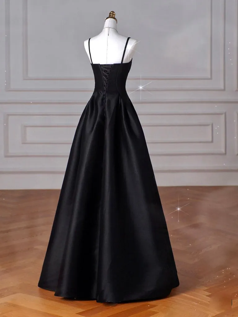 A-Line Satin Black Long Prom Dress, Black Long Evening Dress