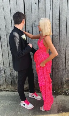 A-line V Neck Hot Pink Sequins Prom Dresses Junior Prom Gown Y1285