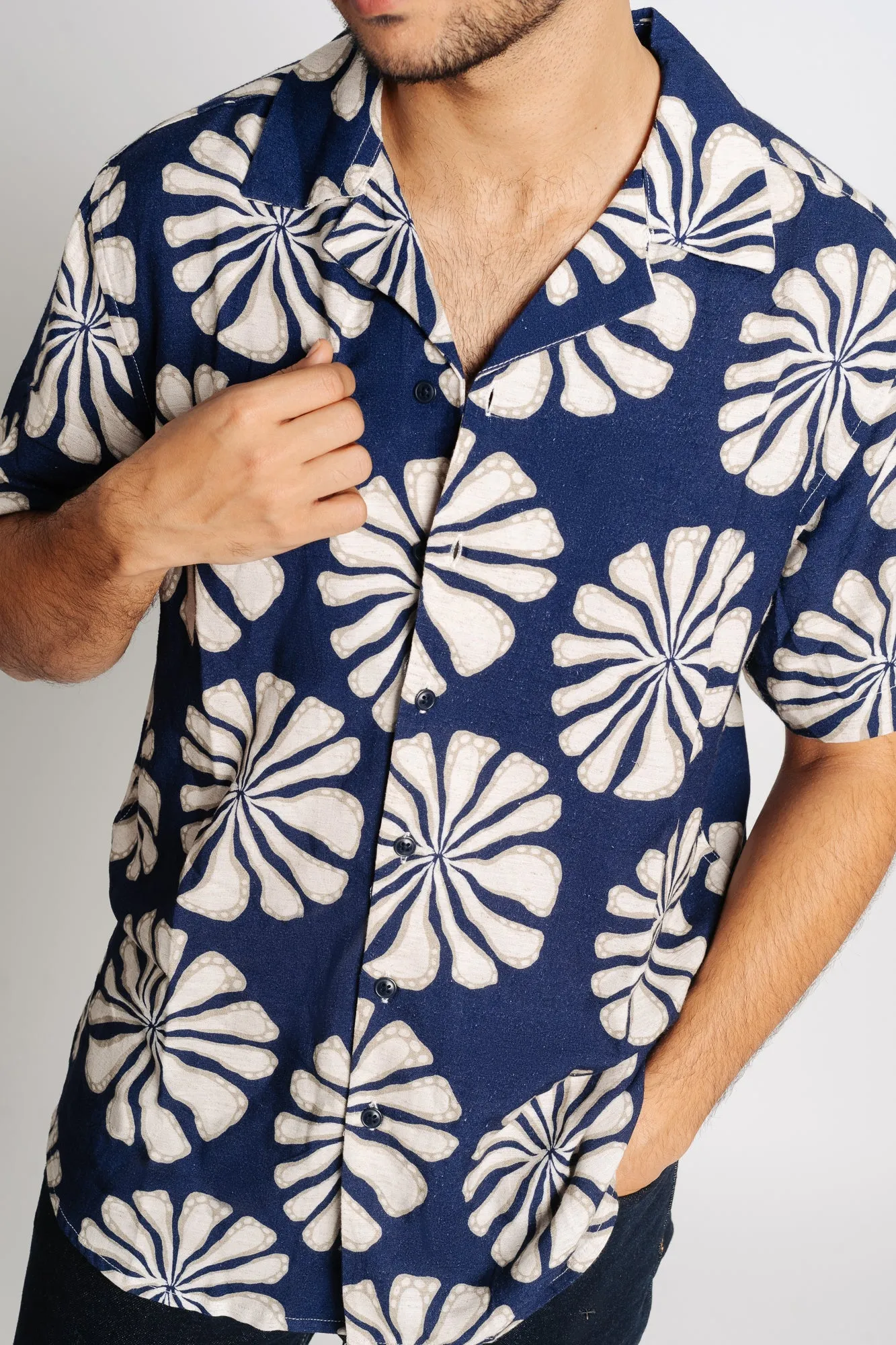 Blue Floral Print Men's Linen Shirt