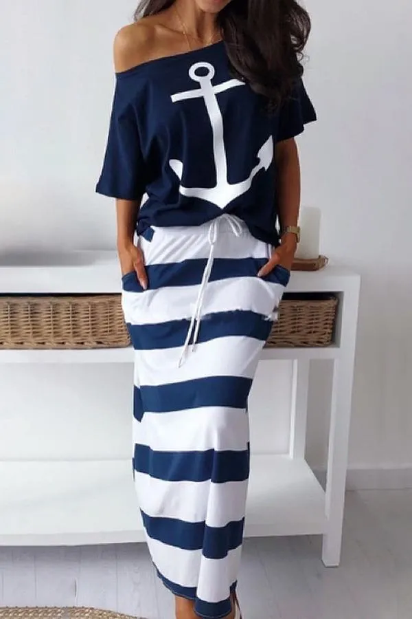 Boat Anchor Print T-Shirt & Striped Skirt Set