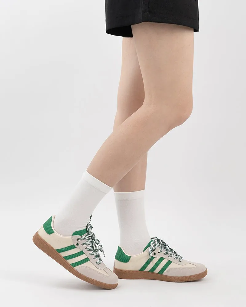 Green and White Suede Leather Flat Sneakers