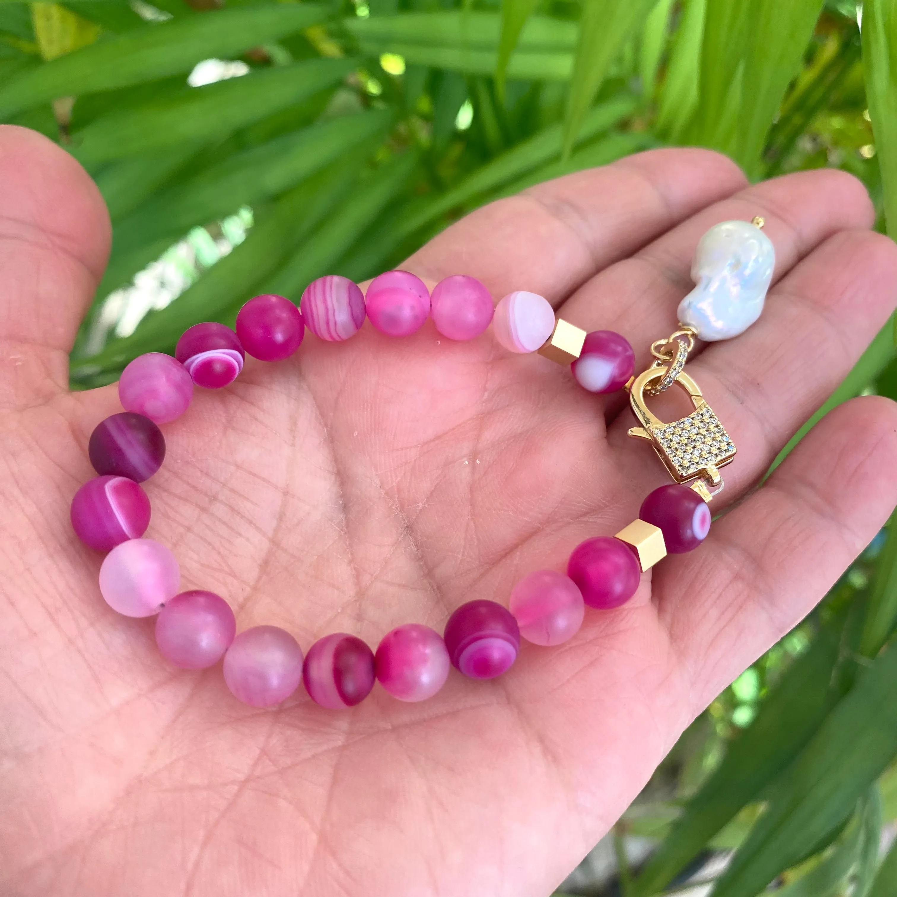 Green or Hot Pink Mat Sardonyx Beads Bracelet with Baroque Pearl Charm Pendant, Gold Plated Details, 7or7.5inches