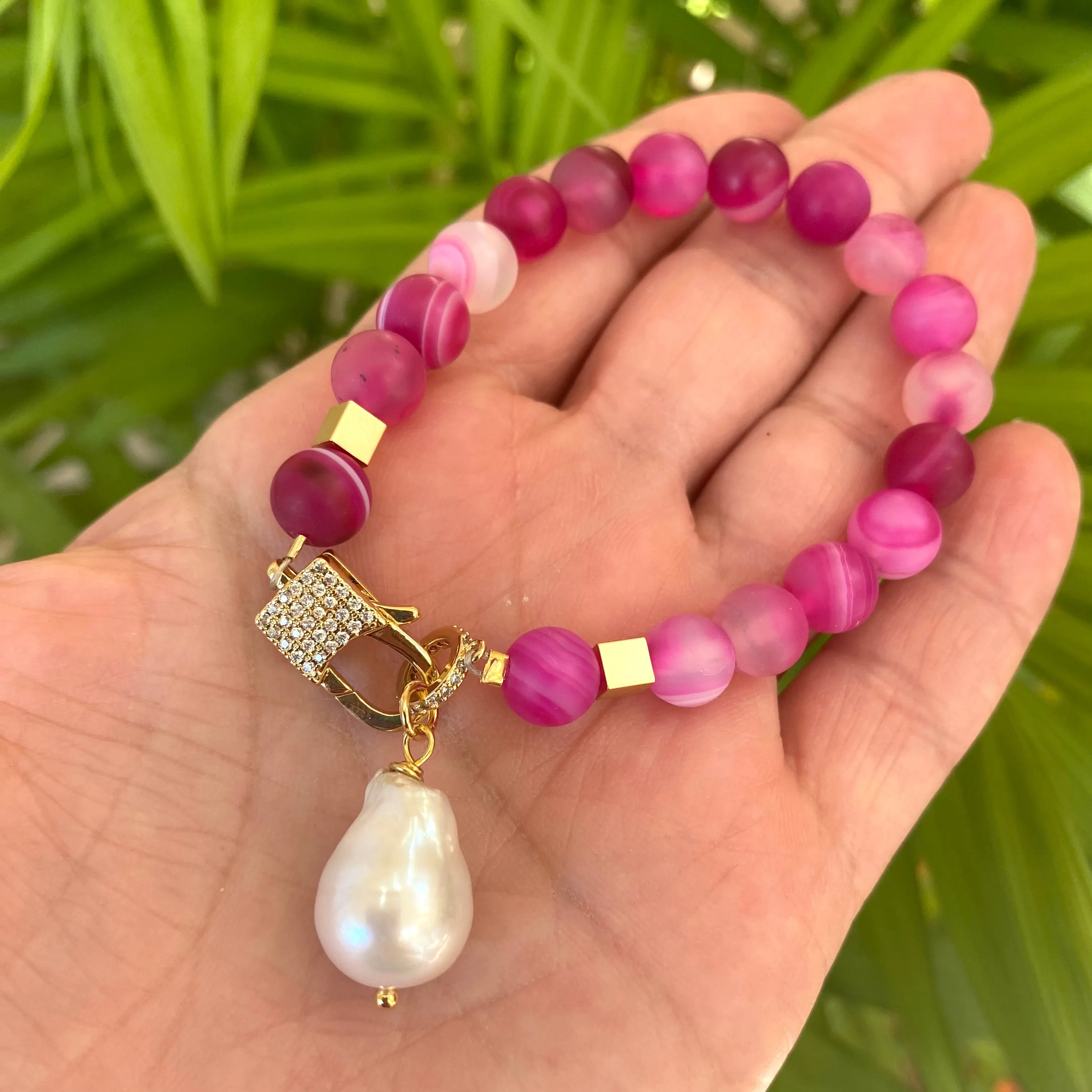 Green or Hot Pink Mat Sardonyx Beads Bracelet with Baroque Pearl Charm Pendant, Gold Plated Details, 7or7.5inches