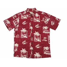 Hatch Pattern Palm Tree and Boat Hawaiian Shirt | Red