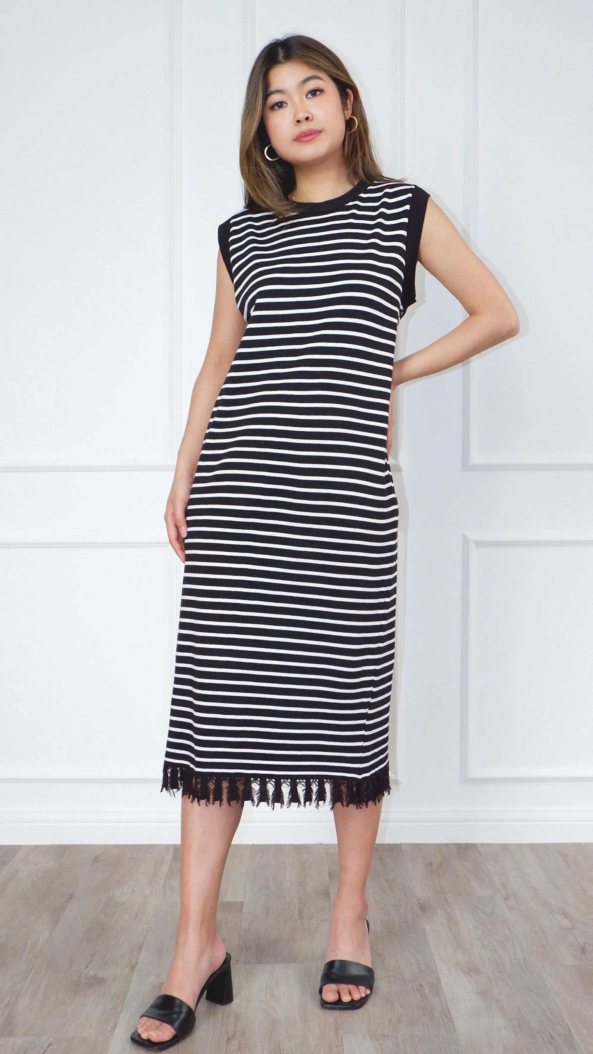 Kara Sleeveless Yarn Knit Midi Dress With Stripes