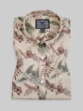 Leafy Print Cream & Green Cotton Causal shirt