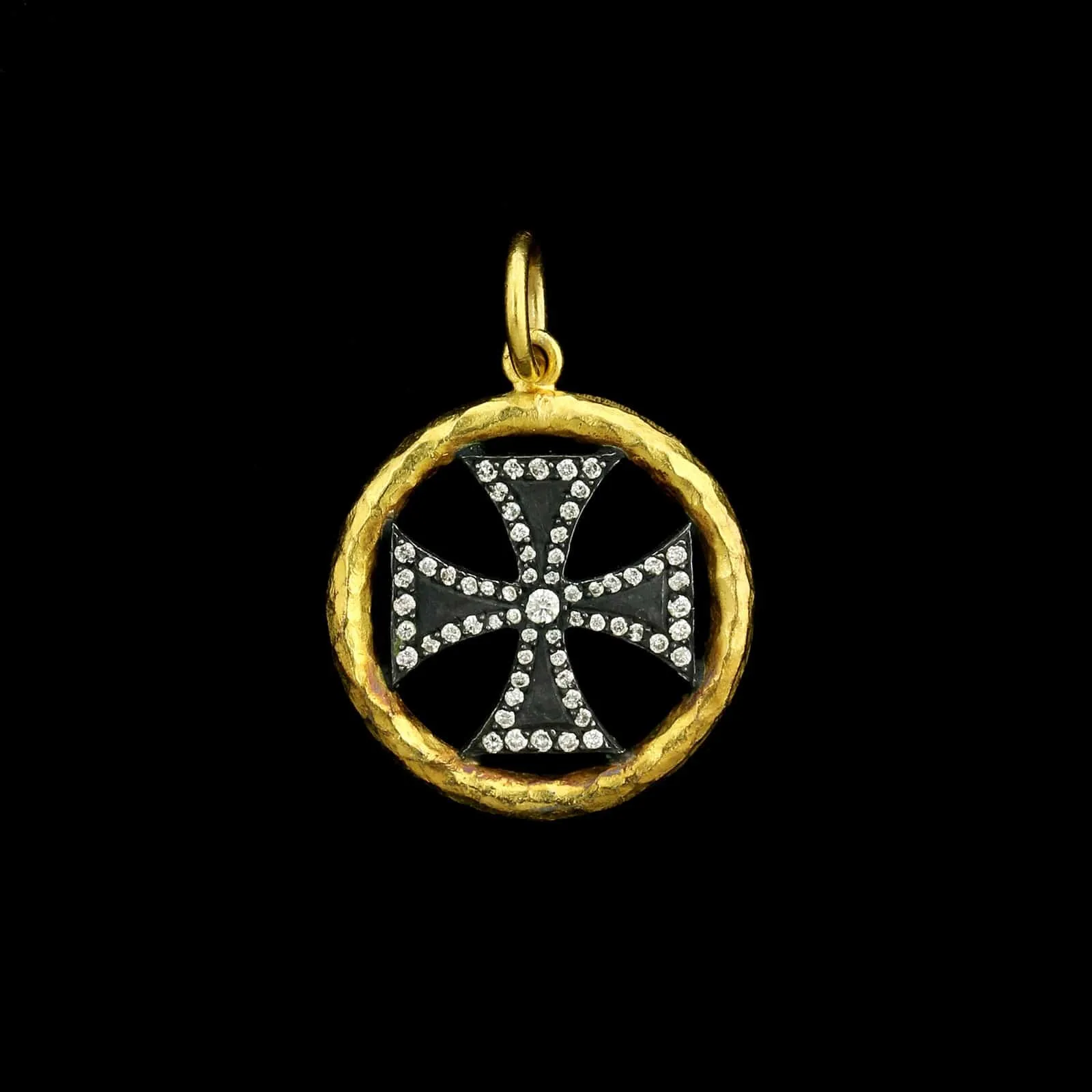 Lika Behar 24K Yellow Gold and Sterling Silver Estate Diamond Cross in a Circle Pendant