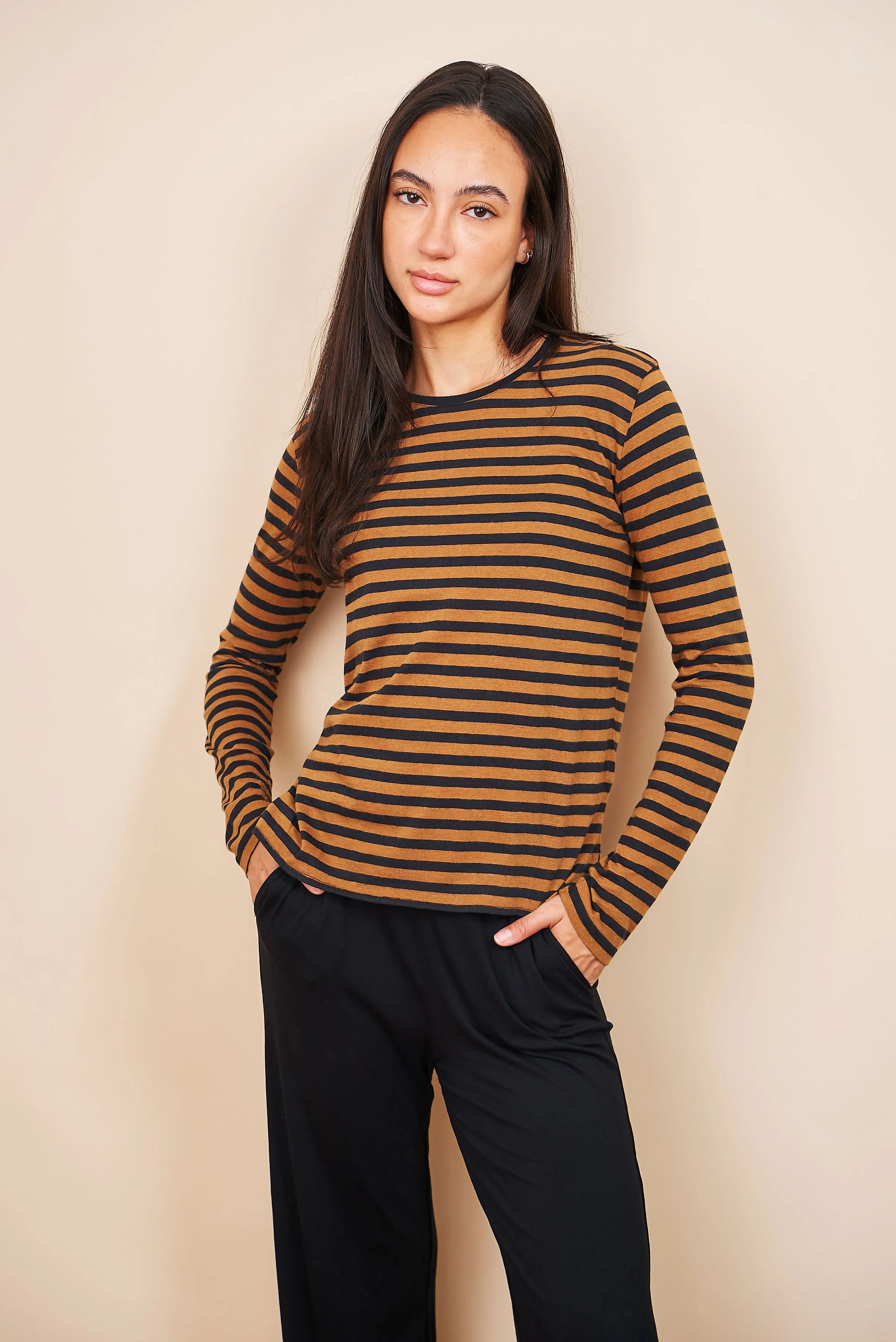 Majestic Cotton/Cashmere Striped Crewneck in Camel/Black