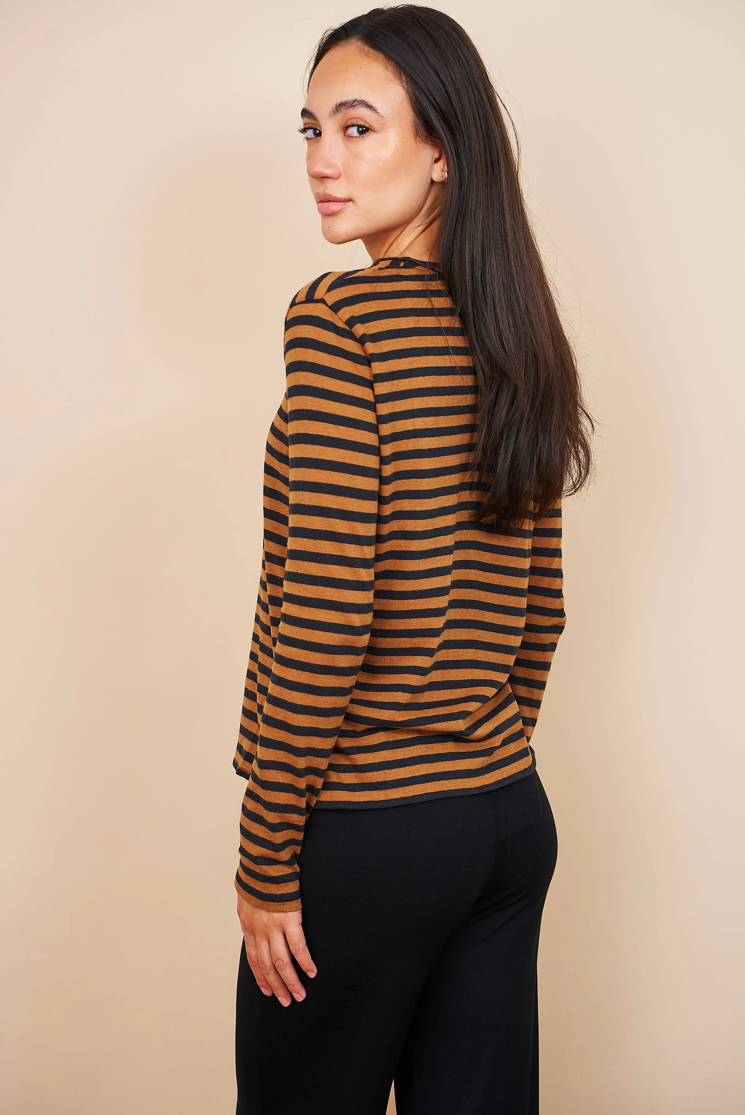 Majestic Cotton/Cashmere Striped Crewneck in Camel/Black