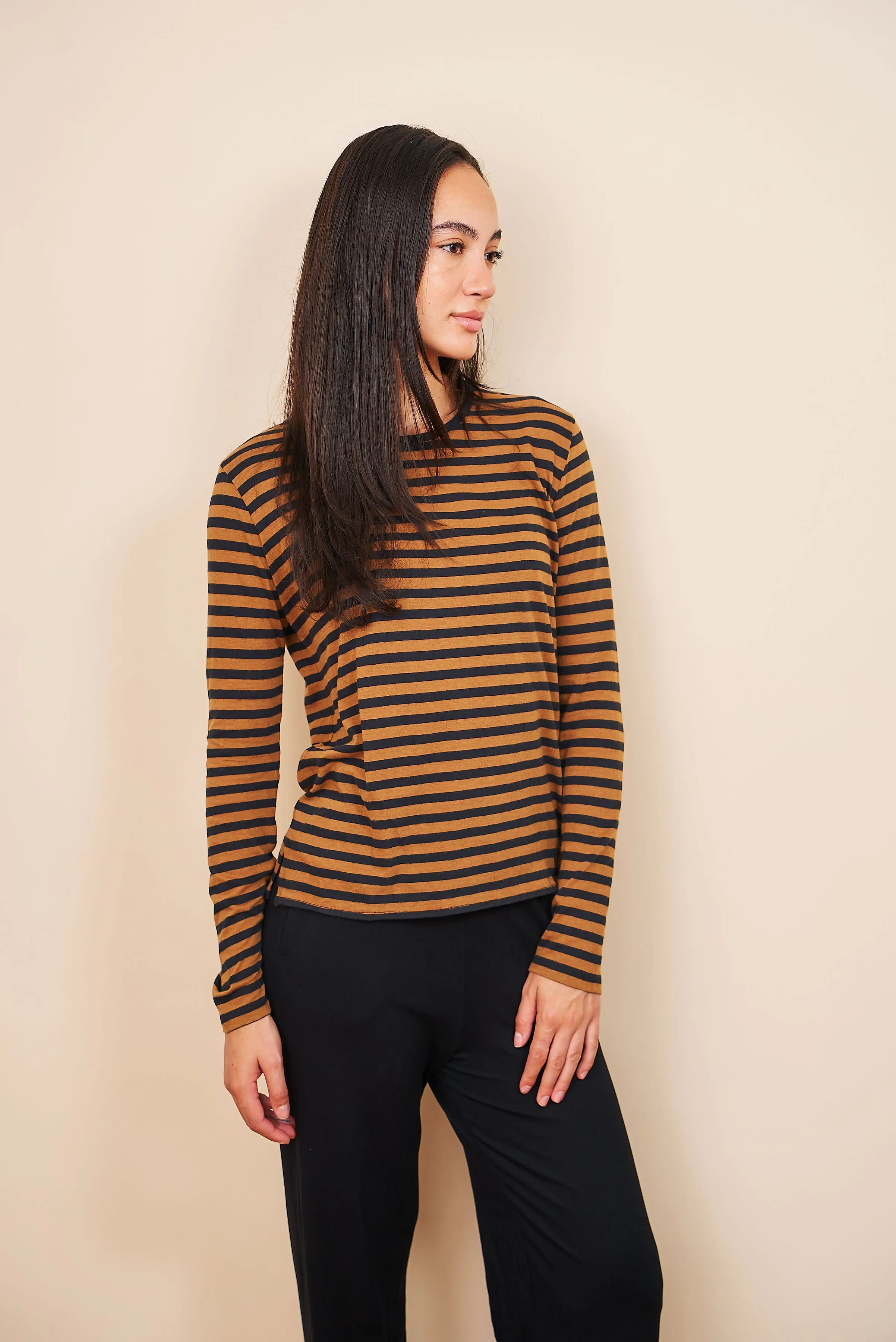 Majestic Cotton/Cashmere Striped Crewneck in Camel/Black