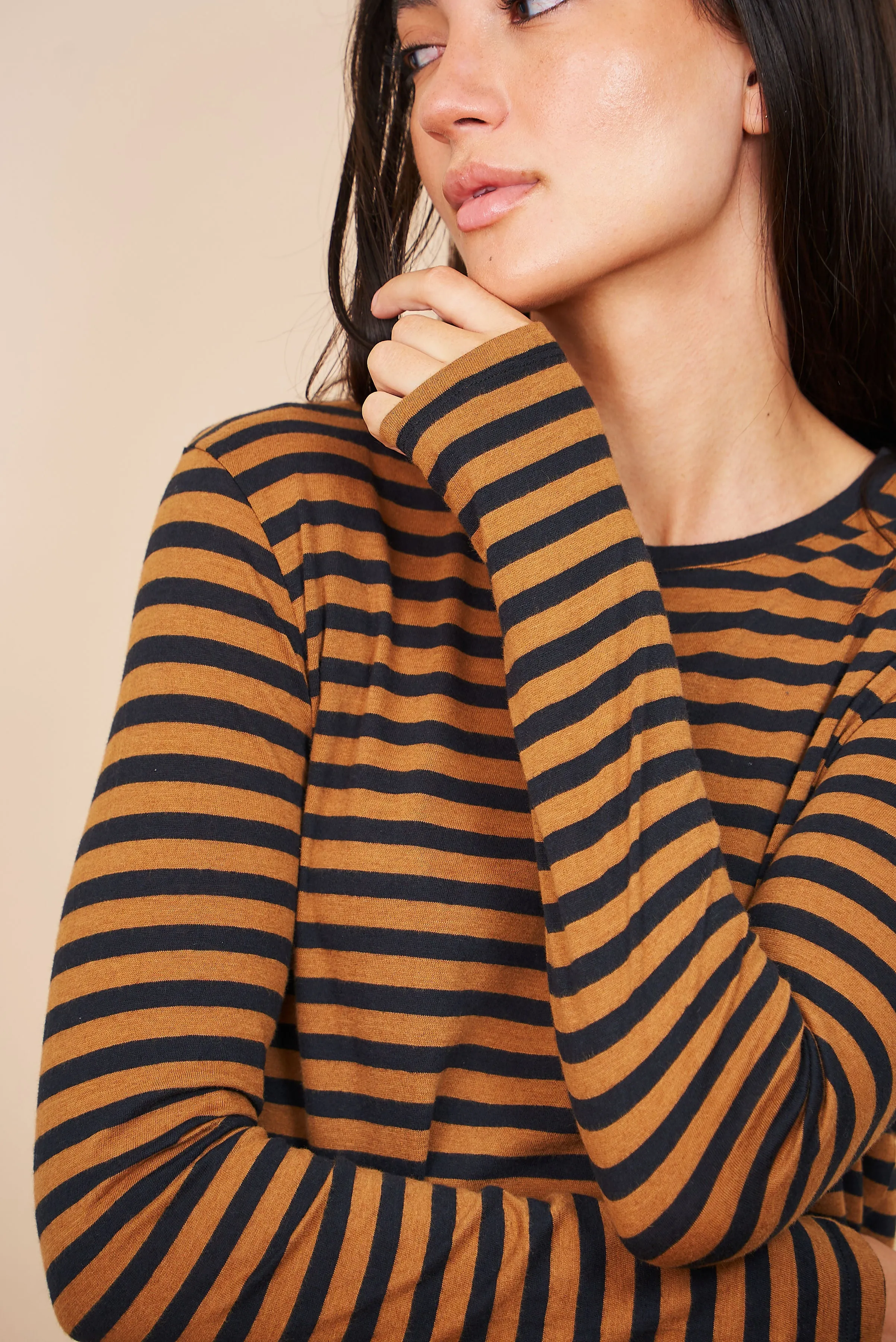 Majestic Cotton/Cashmere Striped Crewneck in Camel/Black