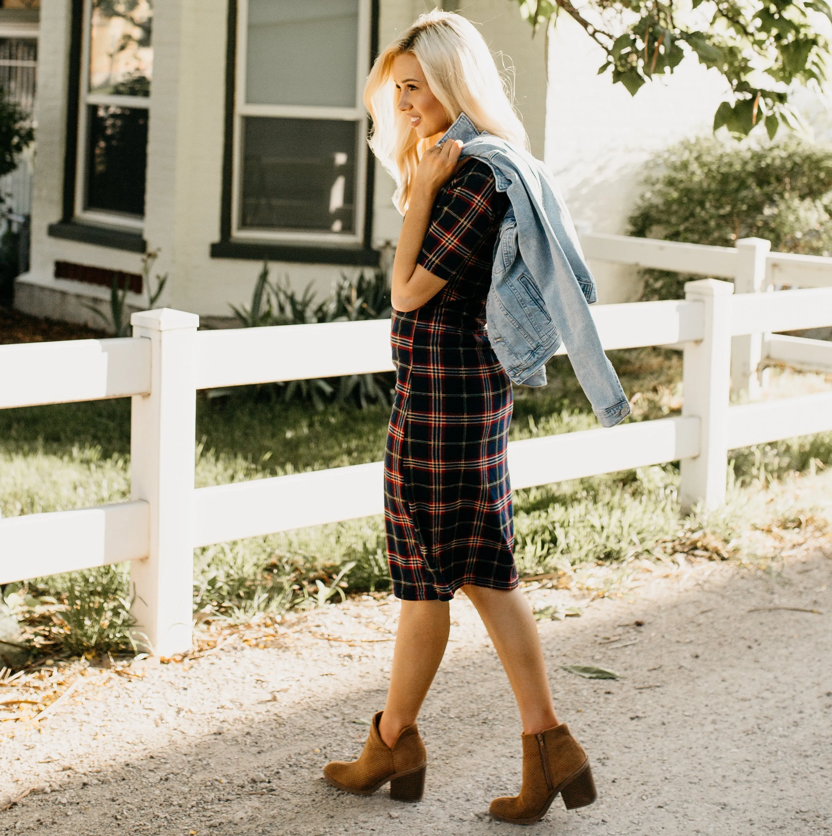 Plaid Tee Dress: Navy/Red/Green