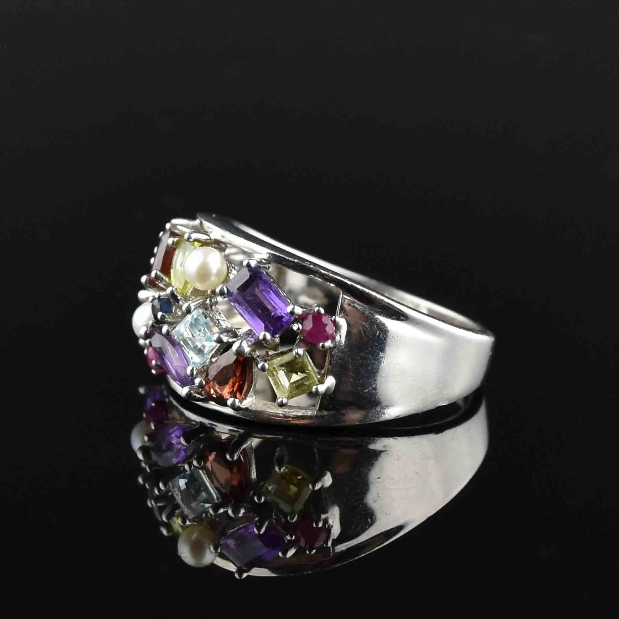 Silver Multi Gemstone Harlequin Ring, Sz 9.5