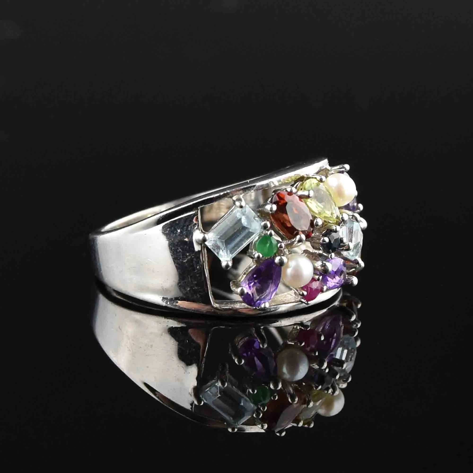 Silver Multi Gemstone Harlequin Ring, Sz 9.5