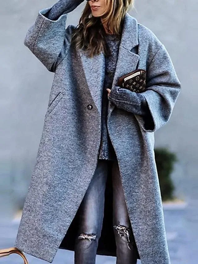 Women's Single Breasted Long Overcoat with Lapel and Pocket for Winter